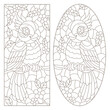 Set of contour illustrations of stained glass Windows with cute cartoon parakeets on tree branches, dark outlines on a white background