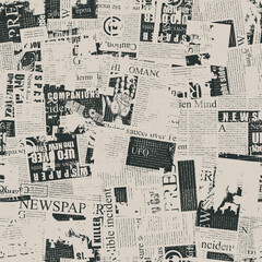 abstract seamless pattern with chaotic layering of unreadable newspaper text, illustrations and titl