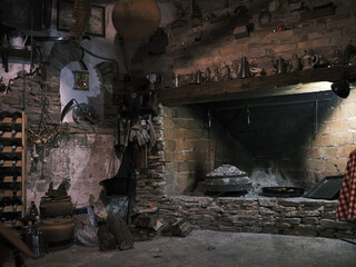 Canvas Print - Interior view of a brick cottage filled with old and vintage objects