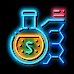 Poster - laboratory flask with liquid and banknote neon light sign vector. Glowing bright icon laboratory flask with liquid and banknote sign. transparent symbol illustration