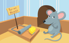 Gray Mouse Sitting In Front Of Mousetrap With Piece Of Cheese. Cartoon Vector Illustration. Rodent Baiting, Trap, Danger, Hungry Rat, Tasty Treat. Animal, Guest, Trap, Hunter Concept For Banner Design