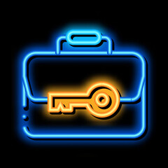 Poster - case and key neon light sign vector. Glowing bright icon case and key sign. transparent symbol illustration