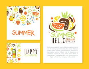 Wall Mural - Hello Summer Card Templates Set with Summer Season Symbols and Place for Text Vector Illustration