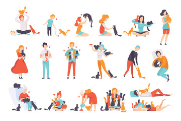 Sticker - Cat Lovers Set, man, Male and Female Owners Hugging, Playing and Feeding their Pets Flat Vector Illustration