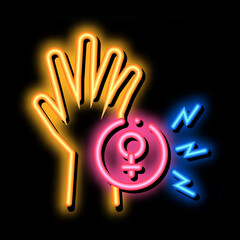 Poster - female hand neon light sign vector. Glowing bright icon female hand sign. transparent symbol illustration