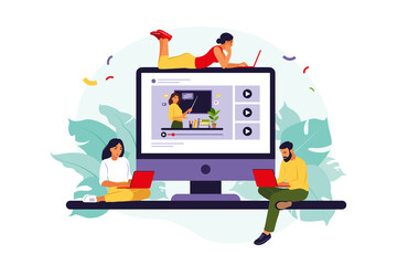 Group of students watching online webinar. Online education concept. Online business school concept. Vector illustration. Flat.