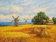 Oil paintings landscape, old village, rural house in the countryside. Fine art, windmill in the field