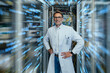 © Infinite Lux/Westend61 - Server technician wearing lab coat standing amidst algorithms at data center