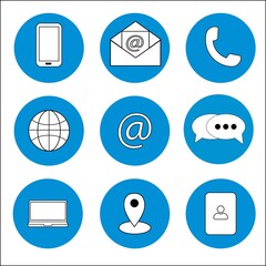 Fototapete - Communication icons on blue background. Website symbol. Contact button icon. Email envelope icon. Stock image. EPS 10.