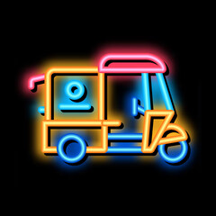 Poster - tuk tuk food delivery neon light sign vector. Glowing bright icon tuk tuk food delivery sign. transparent symbol illustration