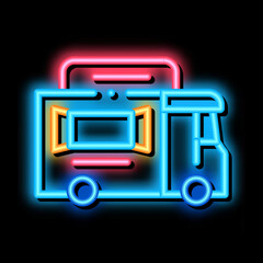 Poster - street food van on wheels neon light sign vector. Glowing bright icon street food van on wheels sign. transparent symbol illustration