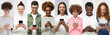 People phone collage. Group of smiling diverse men and women texting with smartphone