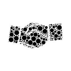 Poster - A large handshake symbol in the center made in pointillism style. The center symbol is filled with black circles of various sizes. Vector illustration on white background