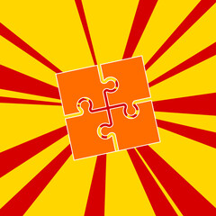 Poster - Puzzle symbol on a background of red flash explosion radial lines. The large orange symbol is located in the center of the sun, symbolizing the sunrise. Vector illustration on yellow background