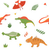 Fototapeta Dinusie - Cartoon dinosaurs seamless pattern. Flat, jurassic, wild animal in doodle style. Hand drawn childish Vector illustration on white background. Perfect for background, wrap paper, wall paper, fabric