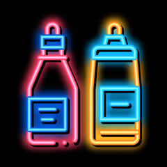 Poster - ketchup and mayonnaise sauce bottles neon light sign vector. Glowing bright icon ketchup and mayonnaise sauce bottles sign. transparent symbol illustration