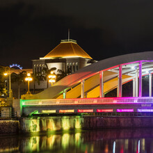 Singapore, Elgin Bridge At Night With Parliament House In Background