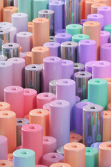 Three dimensional pattern of rows of pastel colored cylinders