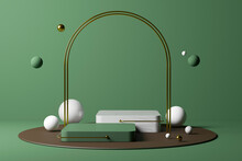 Three Dimensional Render Of Arch Stretching Over Two Empty Pedestals With Various Spheres Floating Behind Against Green Background