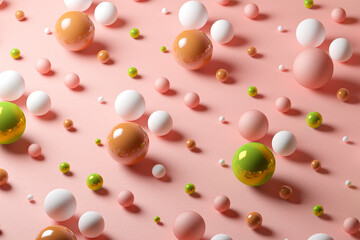 Three dimensional pattern of various spheres flat laid against pink background