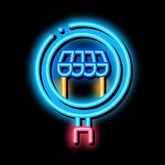 Poster - shop business research neon light sign vector. Glowing bright icon shop business research sign. transparent symbol illustration