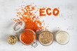 © Julia Otto/Westend61 - Variation of dried food jar by Eco text on textured background