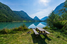 Norway, Byrkjelo, Picnic Bench Over Bergheimsvatnet Lake In Mountains