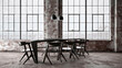 © PRLL Design/Westend61 - Three dimensional render of modern dining table standing in front of windows inside industrial loft