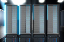 Three Dimensional Render Of Network Server Towers Standing In Server Room