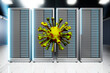 © Spectral/Westend61 - Three dimensional render of large virus cell floating in front of network server towers standing in server room