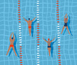 Swimmers are swimming in swimming pool, top view flat vector illustration.