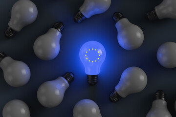 glowing light bulb with the symbols of the european union. political and economic topics
