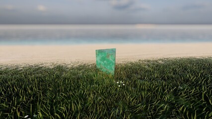 green marble product display with beach background