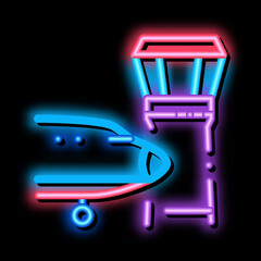Poster - air plane navigation center tower neon light sign vector. Glowing bright icon air plane navigation center tower sign. transparent symbol illustration
