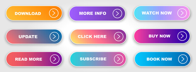Poster - Set of vector modern material style buttons. Different colors of elements and icons. Big buttons collection. Templates for website. Web UI, UX icons. Vector illustration