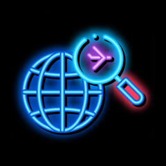 Poster - world airplane search neon light sign vector. Glowing bright icon world airplane search sign. transparent symbol illustration