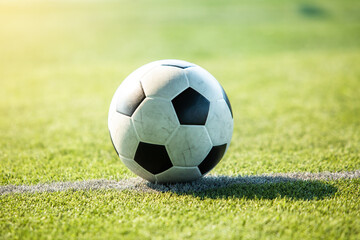 Wall Mural - Football at penalty spot on green artificial turf.