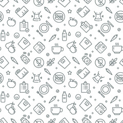 Vector healthy food Background with linear Icons of losing weight. Diet Seamless Pattern. 