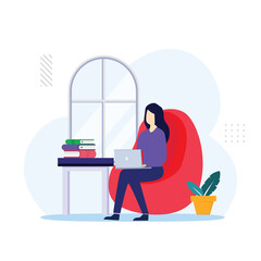 Girl with laptop on the chair. Freelance or studying concept. landing page website illustration flat vector template.