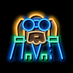 Sticker - forester looking binoculars neon light sign vector. Glowing bright icon forester looking binoculars sign. transparent symbol illustration