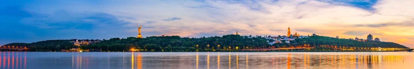 Sticker - Sunset skyline panorama of Kiev with Pechersk Lavra and motherland statue. Ukraine