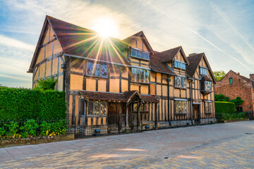 Sticker - William Shakespeares birthplace place house at sunrise on Henley street in Stratford upon Avon in England, United Kingdom