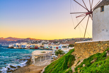 Wall Mural - Beautiful sunrise at Little Venice on Mykonos island, Cyclades, Greece