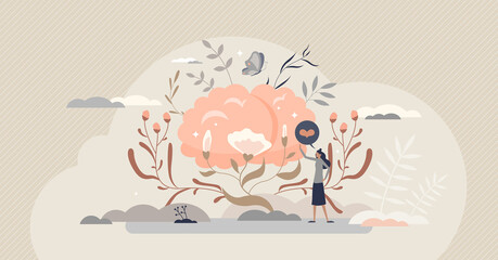 Beautiful brain and mental psychological health care tiny person concept. Body and mind feeling or emotion consciousness and awareness vector illustration. Organ appreciation with floral female scene.