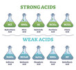 Strong and weak acids collection set with educational diagram outline concept. Labeled flask examples with chemical fluids for chemistry science learning vector illustration. List with liquid elements