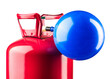 Helium tank. Metal liquefied compressed helium gas container for filling or inflating Balloons good for birthday party, celebration Christmas holidays. Compact Helium tank. Red tank and blue balloon. 