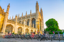 Conceptual Image Of Student Life In Cambdrige, Bikes Locked Next To Historical King's Parade Street 