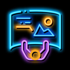 Poster - man with detailed posters top view neon light sign vector. Glowing bright icon man with detailed posters top view sign. transparent symbol illustration