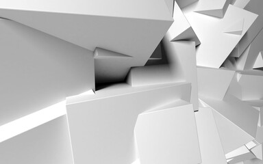 Poster - Abstract background with white 3D shapes flying in the light as a messy array or chaotic structure for any pastel backdrop. 3D illustration.