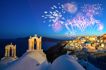 Wall Mural - Fireworks at Oia on Santorini Island. Greece